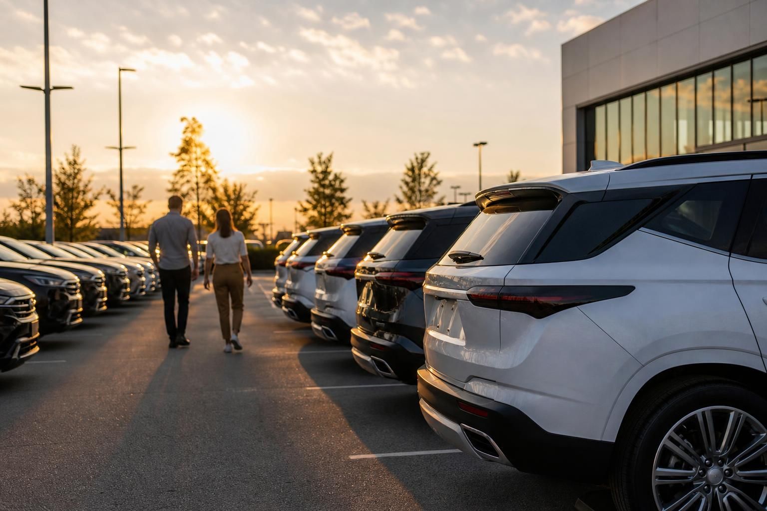 A dealership lot at sunset